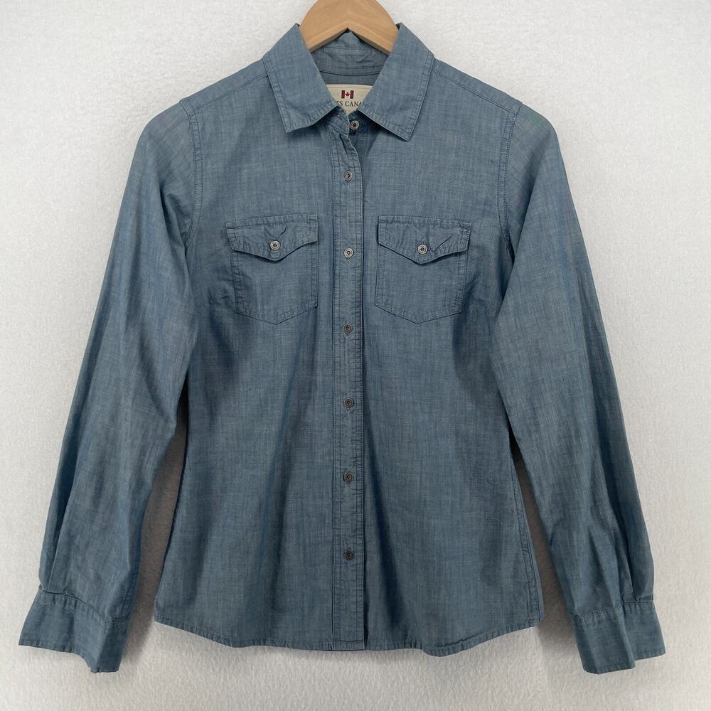 ROOTS CANADA Shirt Womens XS Chambray Button Up Long Sleeve Cotton Blue